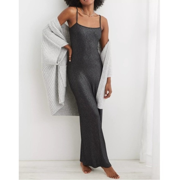 aerie Dresses & Skirts - Aerie No Party Needed Maxi Dress XL Metallic Black Ribbed Shimmer Stretch